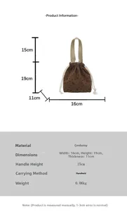 Size chart showing corduroy bucket bag dimensions 16x19x11cm with carrying handle height