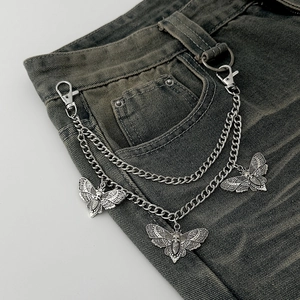 Gothic punk pants chain with moth skull pendants on double metal links and denim fabric