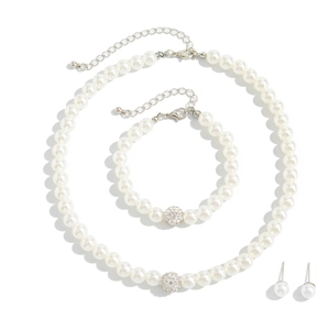 Parure de bijoux 3 pièces en perles avec boules pavées de cristaux et chaîne argentée