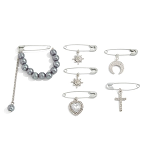6pcs silver brooch set with heart moon pendants, crystals and grey pearls for women