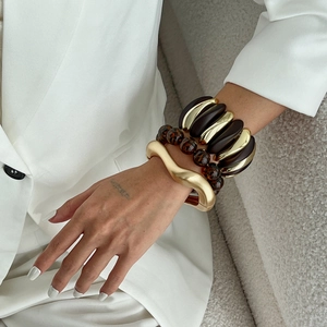 Women Stacking Bracelets Leopard Print Resin Beads Irregular Wavy Matte Gold Alloy Retro Bohemian Fashion Jewelry