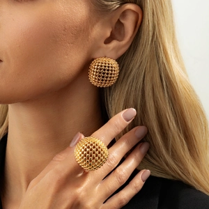 Hollow Mesh Ball Jewelry Alloy Gold Silver Tone Ring And Stud Earrings 3D Architectural Design Trendy Fashion For Women