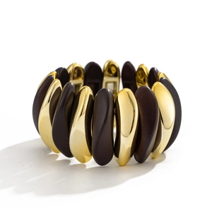 Modern stretch bracelet with gold-tone teardrop metal and dark brown resin accents