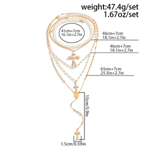 Detailed technical diagram of layered cross necklaces with lengths and weights