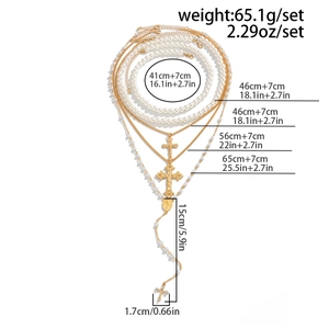 Detailed dimension guide for multi-layered gold cross necklace with pearls and weight info