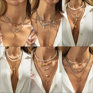 Multi Layered Necklaces For Women Alloy Imitation Artificial Pearl Cross Heart Star Butterfly Pendant Retro Punk Jewelry