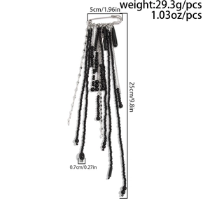 Detailed size chart showing 25cm beaded fringe chain brooch with 5cm silver safety pin