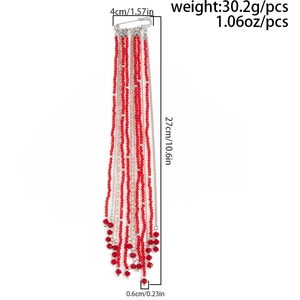 Detail view of red crystal bead tassel brooch with dimensions and weight measurements