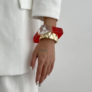 Bracelet Large En Résine Géométrique Jonc Maillon Triangle Métallique Doré Transparent Paillettes Bijoux De Mode Femme