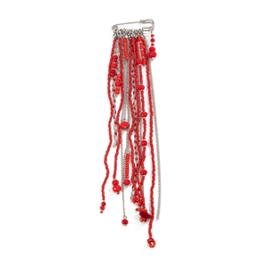 Silver safety pin brooch with hanging red crystal beads and metallic tassel chains