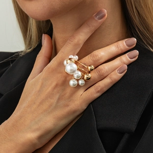Multi-layer gold open ring featuring white faux pearls and metallic beads for women