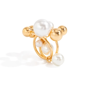 Modern gold double-band ring featuring geometric white pearls and golden beads