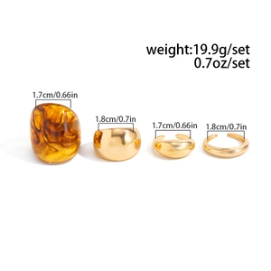 Detailed specs for 4-piece ring set including amber resin and gold finish alloy bands