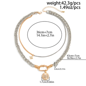 Detailed size guide for gold and silver layered Cuban link necklace with star charms