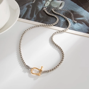 Close-up of a dual-tone horseshoe clasp box chain necklace with adjustable length