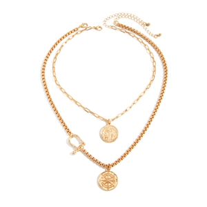 Layered gold necklace featuring portrait coin pendant and U-shaped buckle star charm