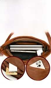 Detailed view of brown leather bucket bag showing large capacity and multi-pocket storage