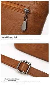 Detail of adjustable PU leather strap and smooth metallic teardrop zipper on brown bag