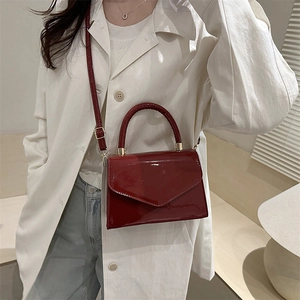Minimalist deep red patent leather crossbody square bag with gold hardware for women