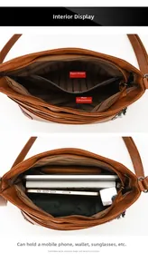 Detail view of large capacity interior with zip pocket for vintage brown crossbody bag