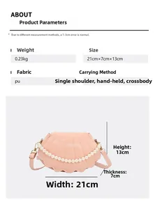 Size chart for shell handbag showing dimensions 21x7x13cm and pink PU leather details