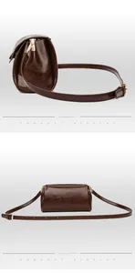 Detailed side and back views of a vintage dark brown leather crossbody bag with gold hardware