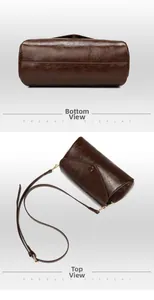 Detailed views showing the bottom and top of the dark brown leather cylindrical bag