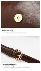 Close-up of brown pebbled leather bag with gold magnetic buckle and adjustable strap