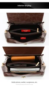 Detail view of the retro brown leather crossbody bag showing spacious inner compartments