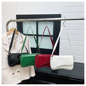 Detail of crocodile pattern faux leather shoulder bags in four vibrant colors