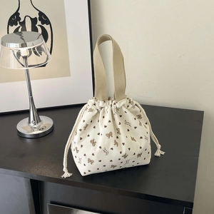 Women Corduroy Drawstring Bucket Bag Heart Bow Print Handbag Casual Small Tote Pouch For Daily Shopping Girls Sweet Bag