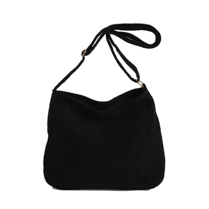 Sac fourre-tout en velours côtelé noir avec sangle réglable et poches frontales