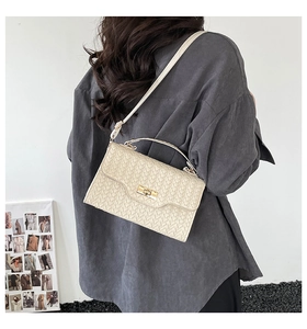 Detail of beige woven flap bag with gold twist lock worn by a model in soft lighting