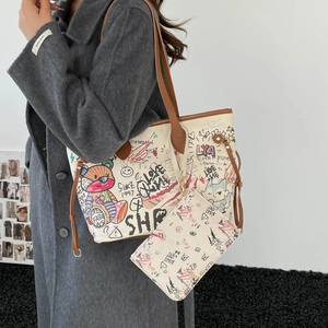 Graffiti bear bucket bag with large capacity tote and matching small pouch set