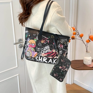 Black graffiti bucket tote bag with bear print and matching small pouch set