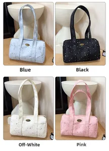 Collage of four star-patterned barrel tote bags in blue, black, off-white, and pink options