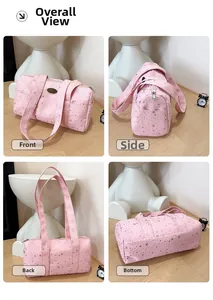 Pink star pattern Boston bag shown from front side back and bottom views