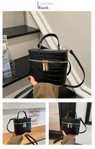 Close-up of black croc-embossed vanity box bag featuring golden dual zippers and top handle