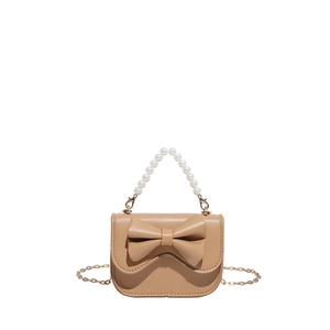 Khaki square handbag with pearl handle, large bow detail, and gold chain strap