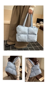 Detailed views of light blue puffer tote bag showing quilted texture and carrying options