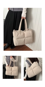 Detailed view of quilted puffer tote bag with soft padded texture and spacious design