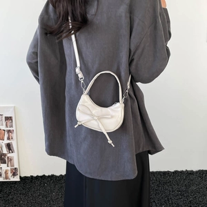 White crescent moon mini bag with large bow and silver metal beads for women