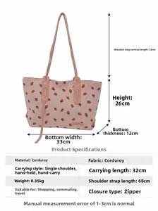 Detailed view of pink corduroy tote bag with strawberry print and dimensions specs