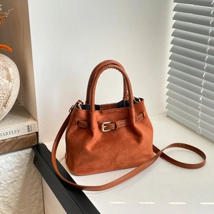 Vintage Fabric Bucket Bag For Women Fashion Simple Solid Color Crossbody Shoulder Bag With Belt Buckle Daily Tote Handbag