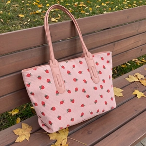 Pink corduroy tote bag with strawberry embroidery for daily commute and casual use