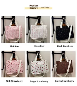 Grid display of corduroy tote bags with cute strawberry and bow tie prints