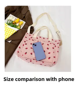 Detailed comparison of pink strawberry corduroy tote bag size with a mobile phone
