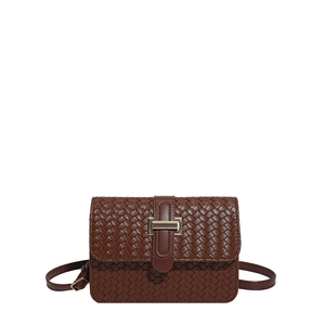 Deep brown woven leather baguette shoulder bag with gold H-shaped metallic buckle detail
