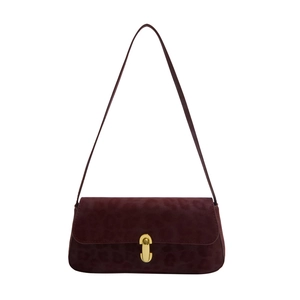 Borsa a spalla minimalista bordeaux in camoscio con motivo leopardato e fibbia oro