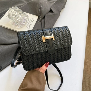 Women's Elegant Woven PU Leather Crossbody Bag Vintage H-Buckle Small Square Shoulder Bag Korean Fashion Versatile Handwoven Satchel